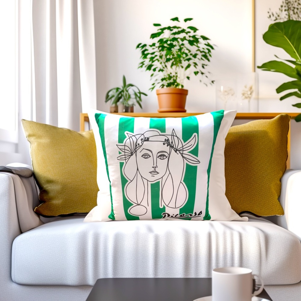 SOLD !! Pillow decor inspired by Picasso Abstract woman green striped background
